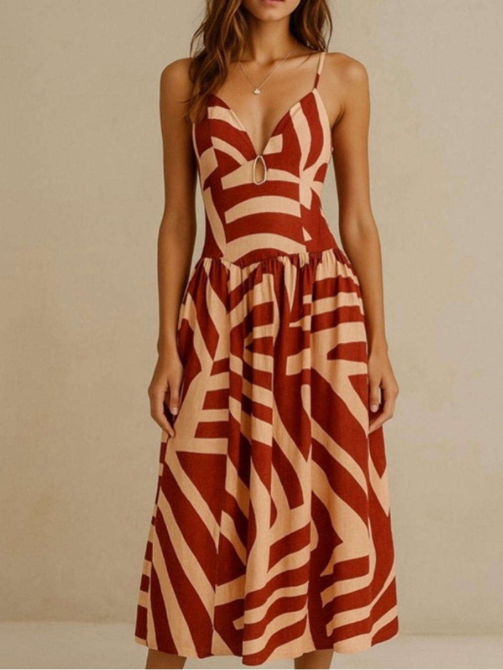 NWOT Mon Renn Surreal Midi Dress Tropico Print Red/Sand - Size M
